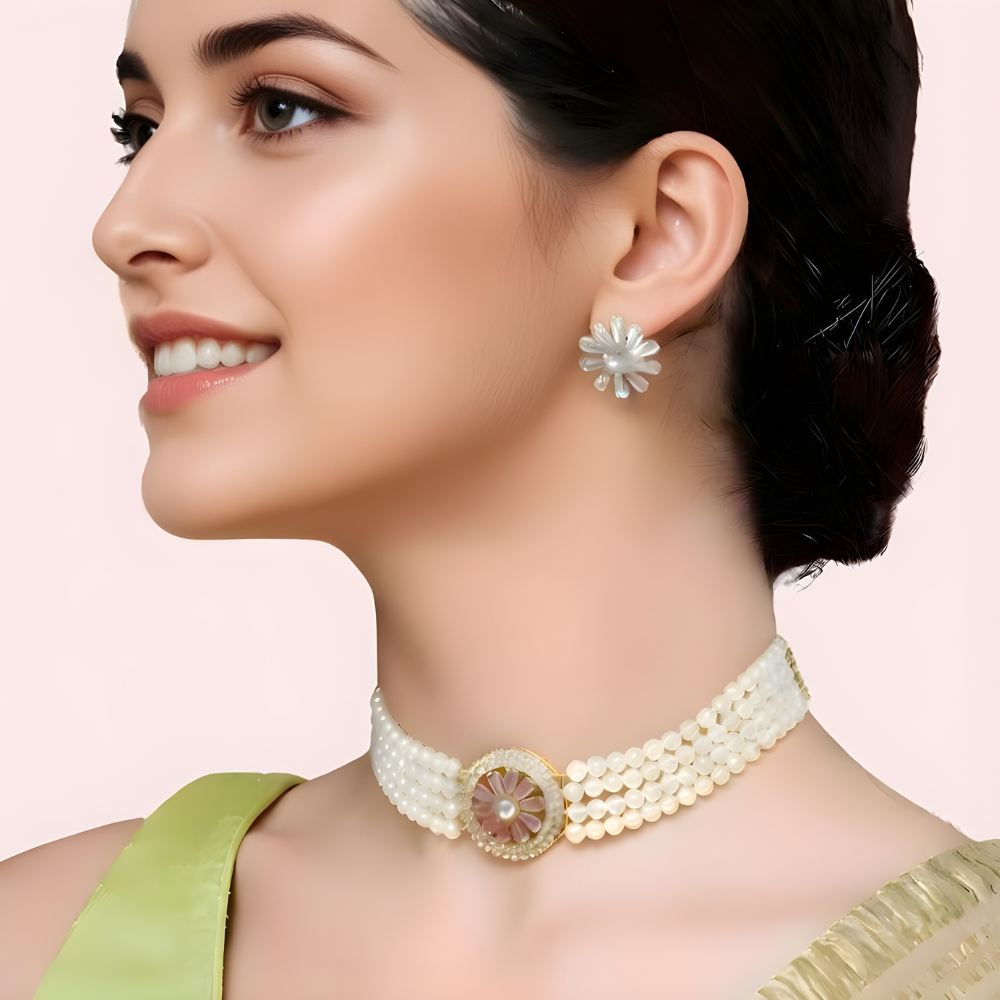 Floral Pearl Choker Necklace &amp; Stud Earrings Set