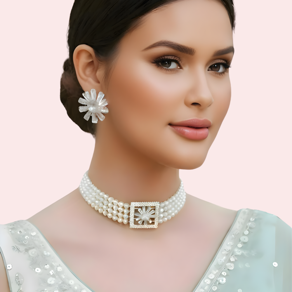 Ivory Pearl Choker Necklace &amp; Floral Statement Earrings Set